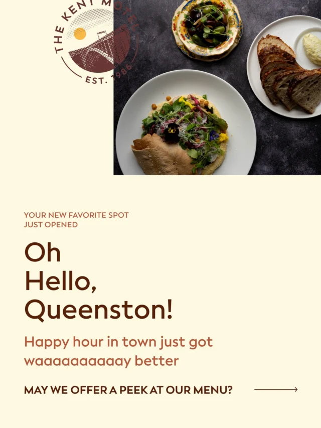 Queenston, we’re ready for you! 😋 

Our brand new lounge menu is here - featuring local ingredients, artisanal touches, and that KMO spirit. Your new favorite spot for coffee dates and happy hour escapes!

Join us Thursday to Sunday from 12 to late and on Mondays from 8 to 12. Cheers!